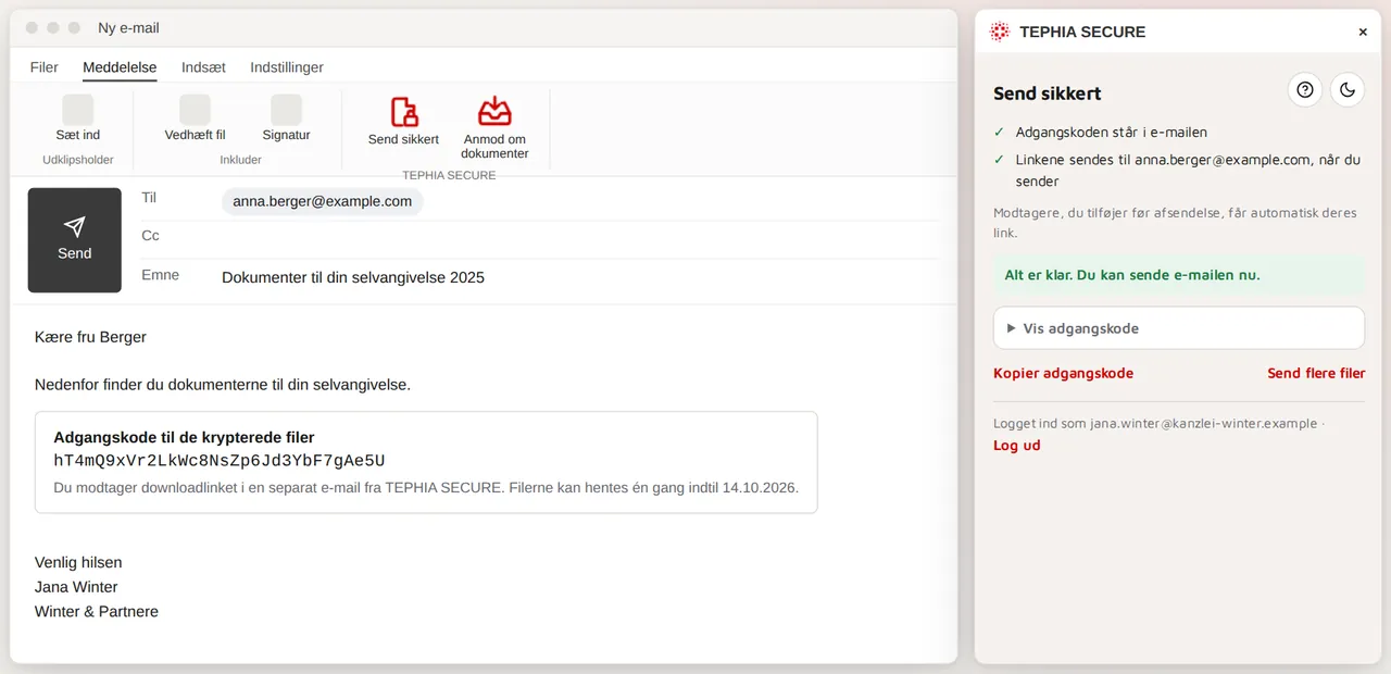 Outlook med TEPHIA SECUREs sidepanel: Mailen indeholder kun adgangskoden, modtagerne får linket separat