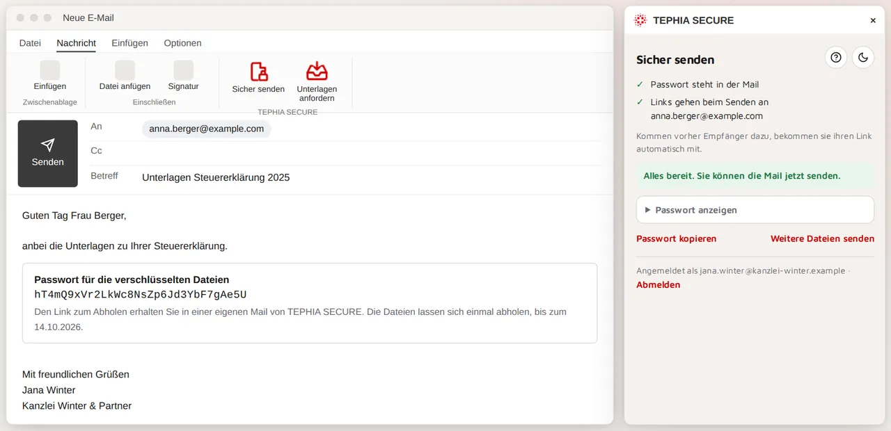 Outlook mit dem Seitenbereich von TEPHIA SECURE: In der Mail steht nur das Passwort, die Empfänger erhalten den Link getrennt