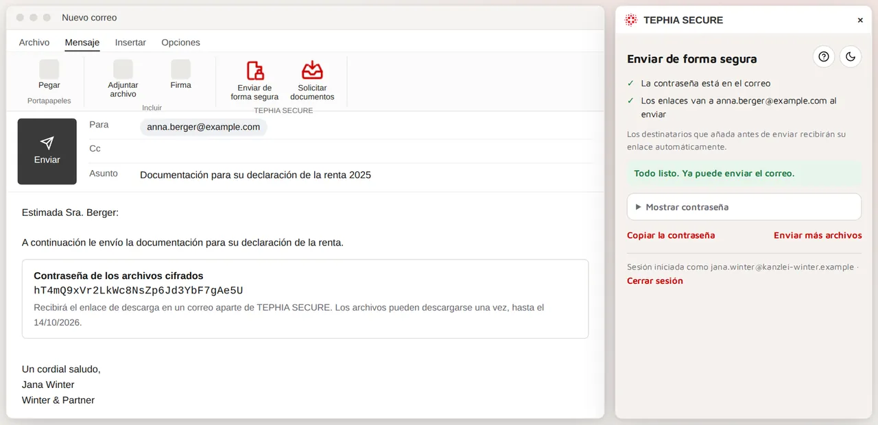 Outlook con el panel lateral de TEPHIA SECURE: el correo contiene solo la contraseña; los destinatarios reciben el enlace por separado