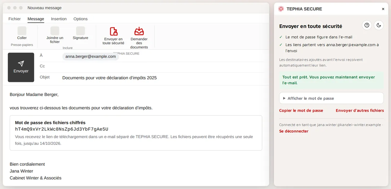 Outlook avec le volet TEPHIA SECURE : l'e-mail ne contient que le mot de passe, les destinataires reçoivent le lien séparément