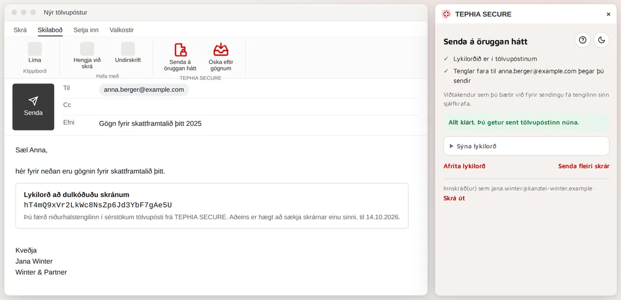 Outlook með hliðarglugga TEPHIA SECURE: tölvupósturinn inniheldur aðeins lykilorðið, viðtakendur fá tengilinn sérstaklega