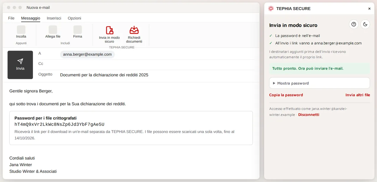 Outlook con il riquadro di TEPHIA SECURE: nell'e-mail c'è solo la password, i destinatari ricevono il link separatamente