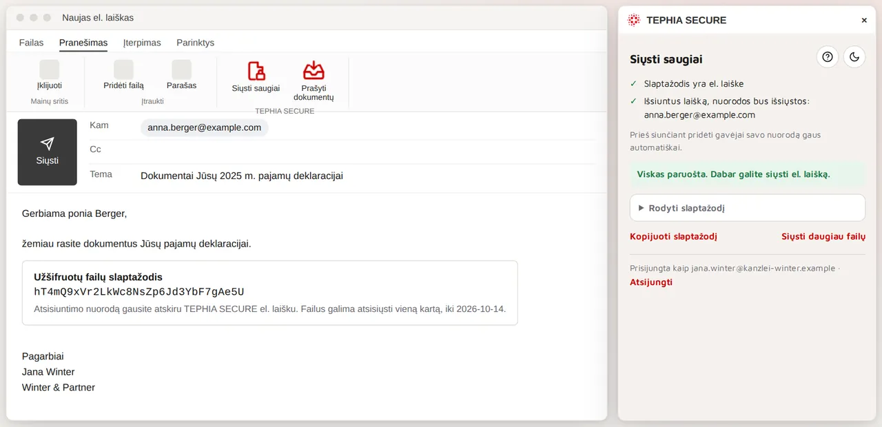 Outlook su TEPHIA SECURE šonine juosta: el. laiške yra tik slaptažodis, gavėjai nuorodą gauna atskirai