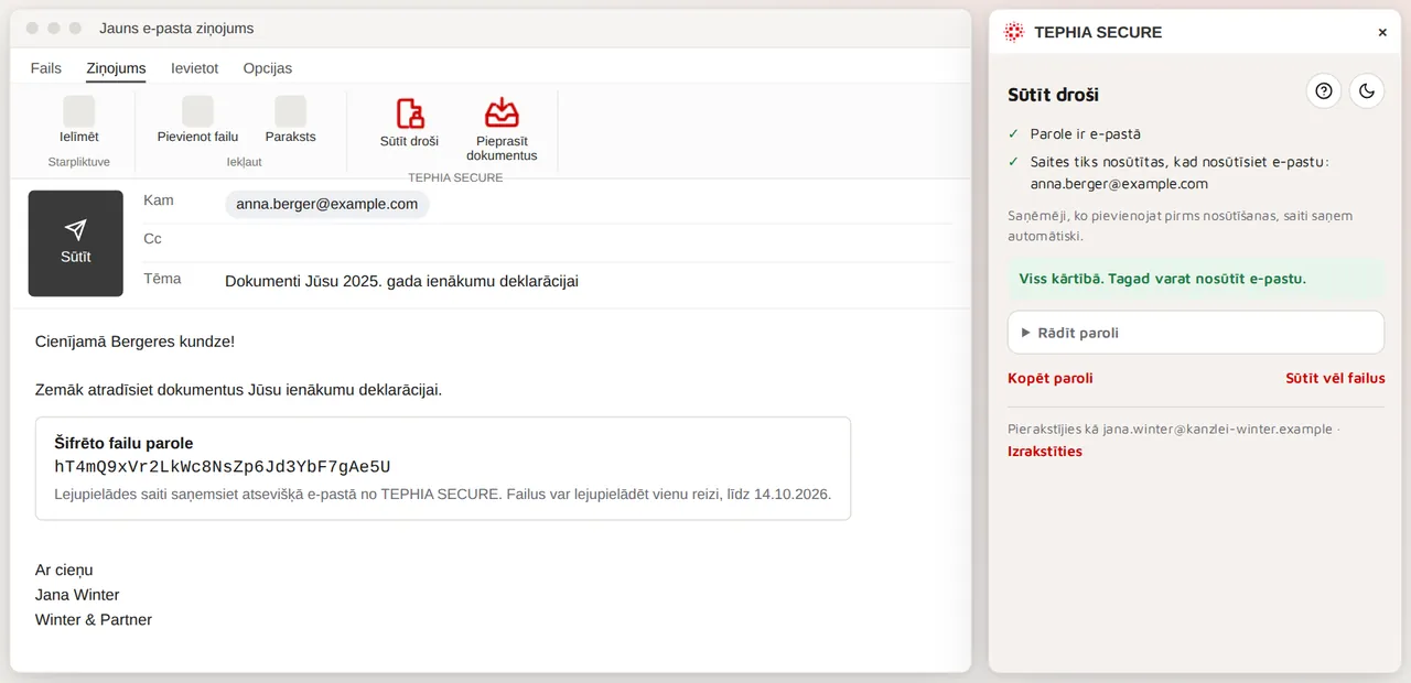 Outlook ar TEPHIA SECURE sānu rūti: e-pastā ir tikai parole, saņēmēji saiti saņem atsevišķi