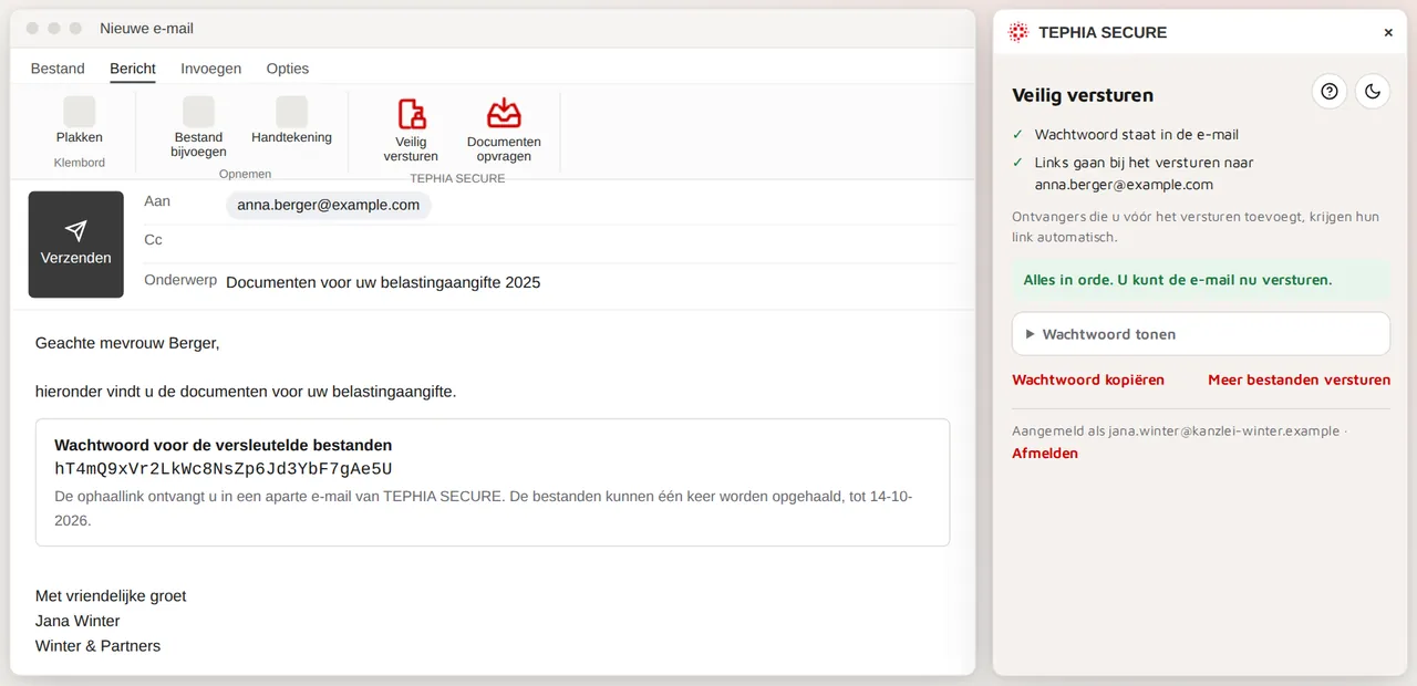 Outlook met het zijpaneel van TEPHIA SECURE: de e-mail bevat alleen het wachtwoord, ontvangers krijgen de link apart