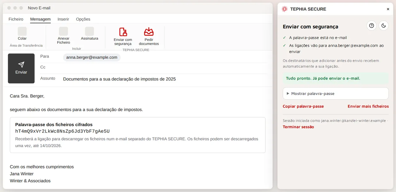 Outlook com o painel lateral TEPHIA SECURE: o e-mail contém apenas a palavra-passe, os destinatários recebem a ligação em separado