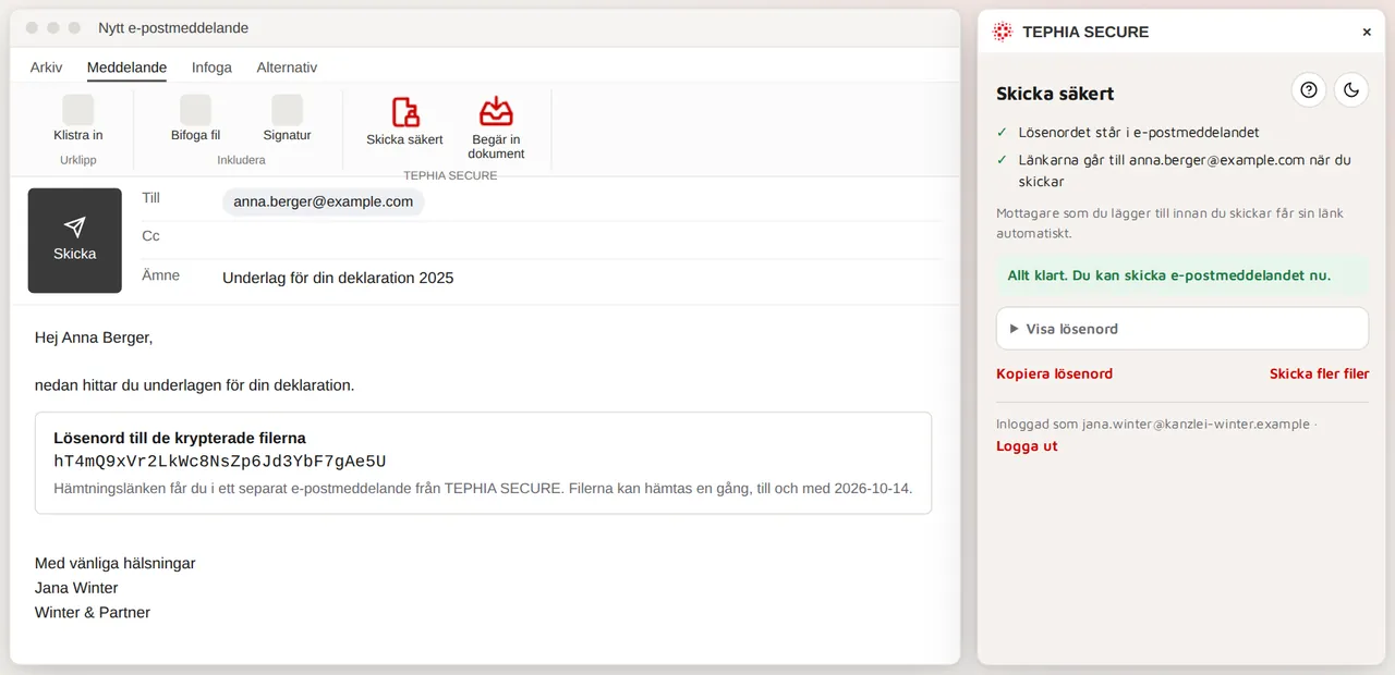 Outlook med TEPHIA SECUREs sidopanel: mejlet innehåller bara lösenordet, mottagarna får länken separat