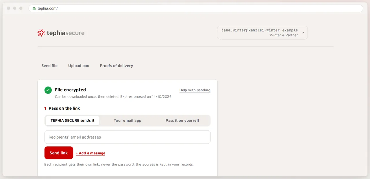 TEPHIA SECURE web app after encryption: download link and password in separate fields