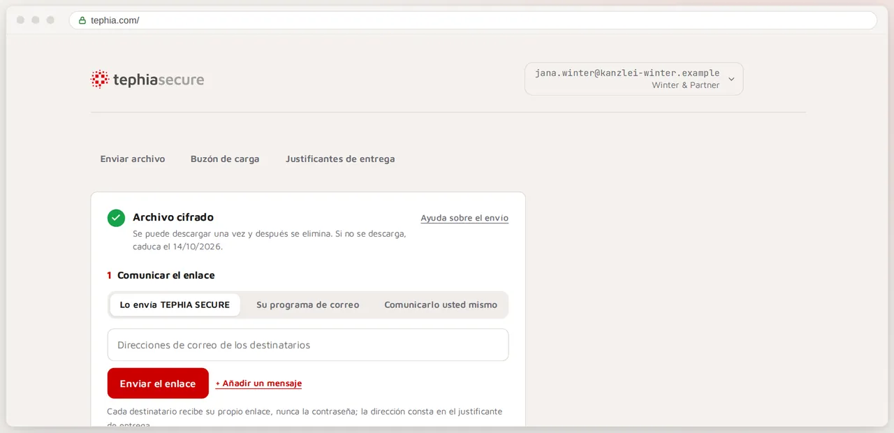 Aplicación web de TEPHIA SECURE tras el cifrado: enlace de descarga y contraseña en campos separados