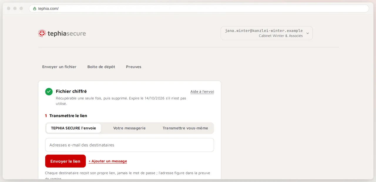 Application web TEPHIA SECURE après le chiffrement : lien de téléchargement et mot de passe dans des champs séparés