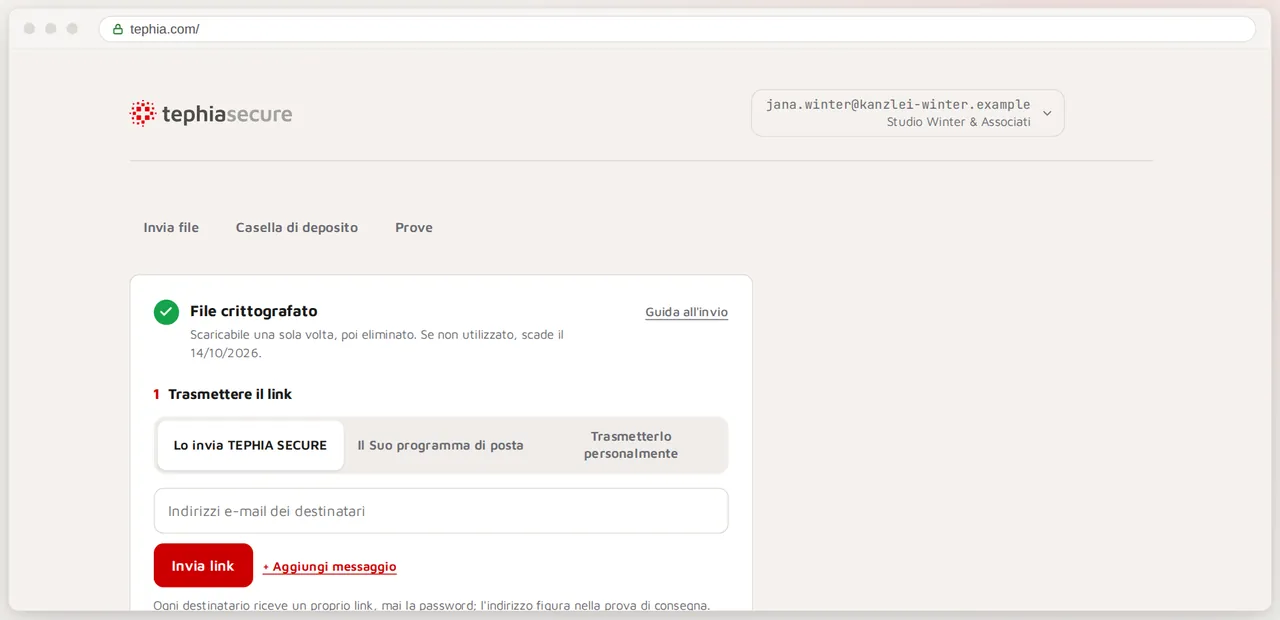 Applicazione web TEPHIA SECURE dopo la cifratura: link per il download e password in campi separati