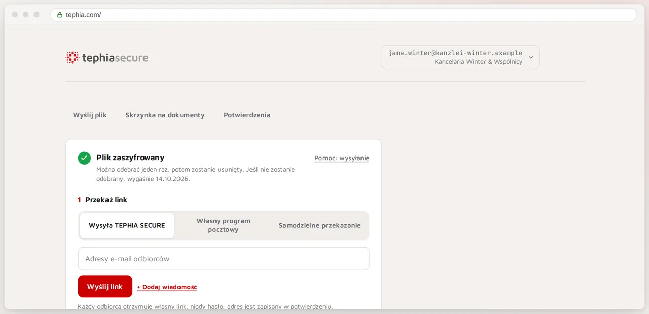 Aplikacja internetowa TEPHIA SECURE po zaszyfrowaniu: link do odbioru i hasło w osobnych polach